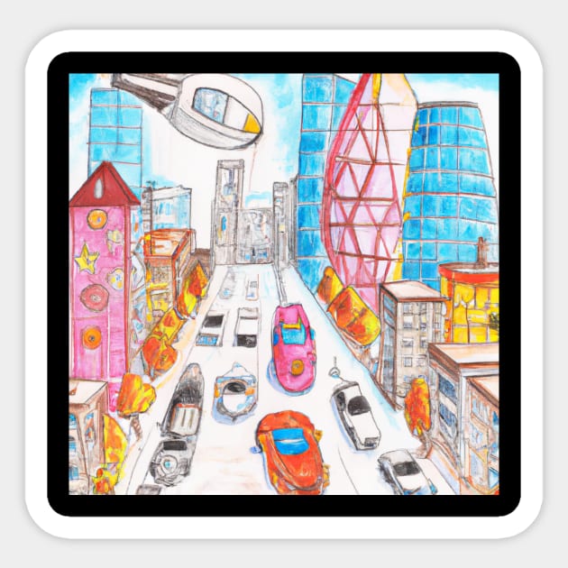 Futuristic City Pencil Drawing Sticker by retroprints